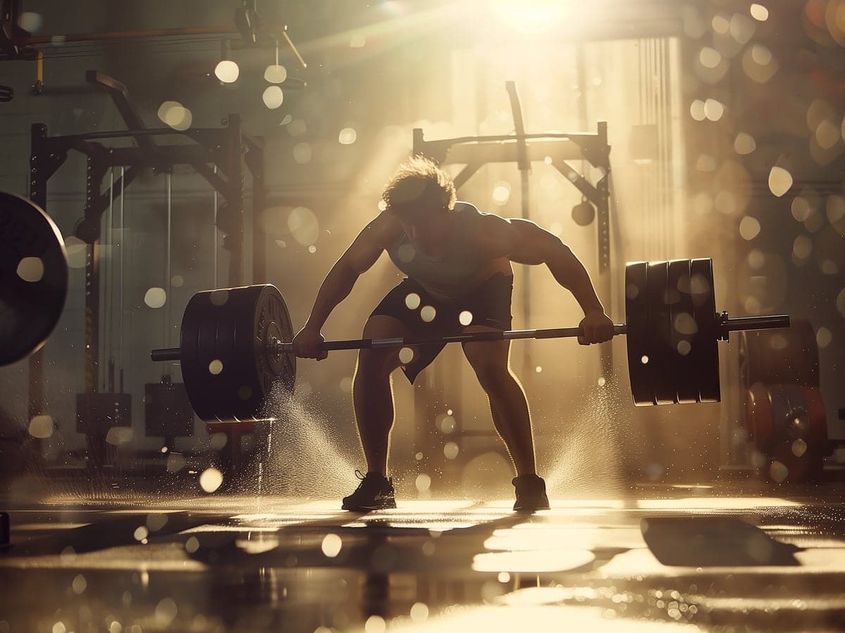 Athlete lifting a loaded barbell in a warm, hazy gym